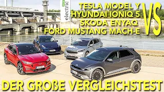 Tesla Model Y VS Hyundai IONIQ 5 VS Ford Mustang Mach-E VS Skoda Enyaq: Der große E-SUV-Vergleich