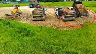 Whole project!! Landfill by KOMATSU Bulldozer D31P Pushing Stone & Truck 5 Ton Spreading On ​​Field