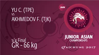 1/4 GR - 66 kg: F. AKHMEDOV (TJK) df. C. YU (TPE) by FALL, 7-0