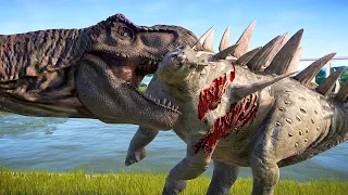 T-REX vs ALL HERBIVORES DINOSAURS BATTLE  - Jurassic World Evolution