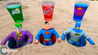 Stretch Superman, Joker, Batman, Cola, Fanta, Sprite and Mentos underground - Experiment | Dr Gear