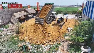 New Project! Processing Filling Up The Land Long, Bulldozer Push Soil & Stone, Dump Truck
