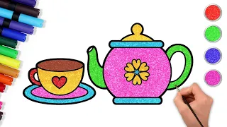 How to Draw Teapot and Teacup 🫖☕️| Easy Drawing And Coloring For Kids | HooplaKidz How To