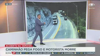 SP: Caminhão pega fogo depois de acidente da Tamoios e motorista morre