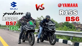 Bajaj pulsar rs 200 e20 bs7 vs Yamaha R15s | the battle never ends 😑 | top end race