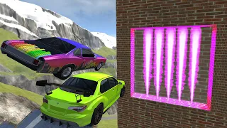 Crazy Vehicle High Speed Jumping Through Purple Fire Wall In Green Slime Pool - BeamNG drive Jumps