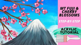 EP56- 'Mt Fuji & Cherry Blossoms' easy acrylic cherry blossom painting tutorial