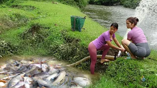 Two sisters using pumps, pumping water outside the natural lake, catch a lot of fish | Girl fishing