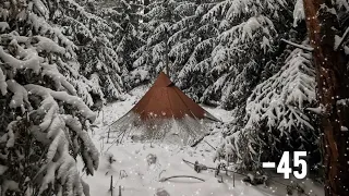 Extreme! Winter Survival Shelter - Sleeping Outside in -25° Weather Hot Tent Camping with HOT TENT
