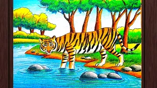 Tiger scenery drawing step by step/Forest scenery drawing with tiger