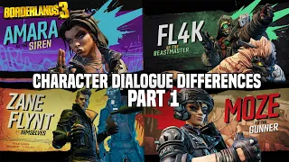 BORDERLANDS 3 Playable Character Dialogue Differences Part 1 (FL4K, Amara, Zane, Moze)