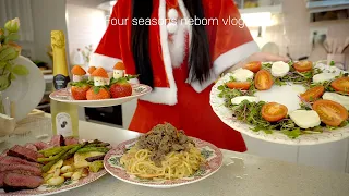 🎅Homebody Christmas home party, Bulgogi cream pasta, salad wreath, strawberry Santa, kimchi & bossam