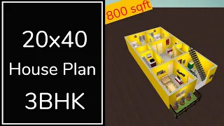 20x40 House Plan 3BHK || 800 Sqft House Design || 20x40 Ghar Ka Naksha || 3BHK Home Plan 3D