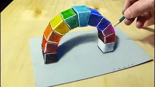 Drawing a rainbow arch illusion - 3D trick art on paper - by Vamos