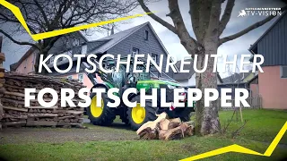 John Deere UVV Forstschlepper 6R mit Epsilon Rückekran, Adler Winde,Sitz 310° drehbar im Waldeinsatz