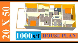 1000s/f 20x50  2 बेडरूम वाला 3D घर का नक्शा.. 20x50  2 bedroom 3D house plan