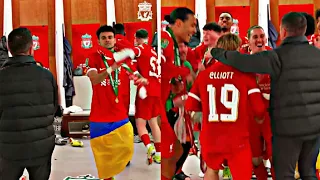 Liverpool players celebrate in dressing room after winning the 2024 Carabao Cup Vs Chelsea