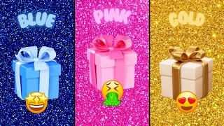 Choose your gift🎁💝🤩🤮 3 gift box challenge 2 good & 1 bad Blue, Pink & Gold #chooseyourgift