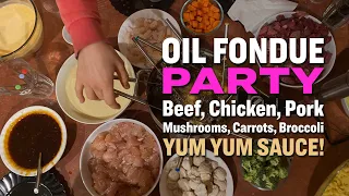 Party Food! Oil Fondue with Battered Chicken, Shrimp, Steak and Mushrooms.