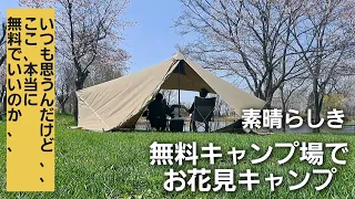 【北海道キャンプ】アウトドア好き夫婦がGWに人気無料キャンプ場(岩見沢市北村中央公園ふれあい広場キャンプ場)で桜を見ながらの欧米キャンプ飯が最高すぎた！！設営幕ギギ１TC