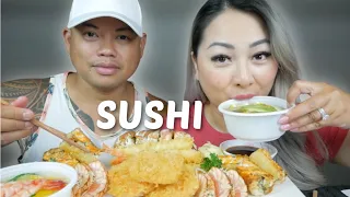 SUSHI Mukbang *Aburi Salmon, Shrimp Tempura & Sushi Rolls * Husband & Wife Edition | N.E Let's Eat
