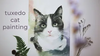 Painting a Tuxedo Cat Portrait in Watercolour • Time Lapse • Peaceful Art