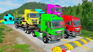 Double Flatbed Trailer Truck vs Speedbumps | Train vs Cars | Tractor vs Train | BeamNG.Drive #26