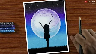 Easy Oil Pastel Drawing for Beginners - A Girl in Moonlight - Step by Step