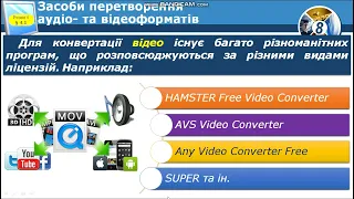 8 клас Урок №35 Поняття Мультимедіа. Кодування аудіо- та відеоданих. Формати аудіо та відеофайлів.