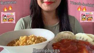 Spicy Carbonara Noodles, Tteokbokki & Dumplings Mukbang | E Asmr