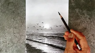 How to draw sunset mode beach landscape with flying birds.