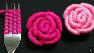 Hand embroidery Amazing trick|Easy flower embroidery trick with fork|Amazing woolen flower with fork