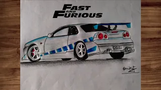 How to draw a NISSAN SKYLINE GT-R R34 from Fast and Furious / drawing Paul Walker's nissan gtr #car