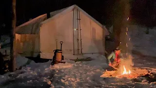 Magical winter wall tent camping- with a WOOF and a MOOSE!