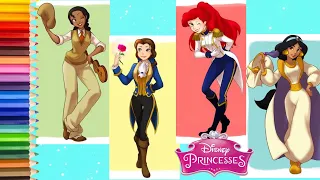 Coloring Disney Princesses in Prince Costume - Belle Jasmine Ariel Tiana Rapunzel Coloring Book