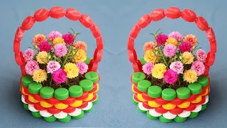 Recycle Plastic Bottle Caps To Make Beautiful Ccolorful Flower Pots For Your Small Garden