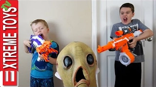 Alien Invasion! Creepy Alien Creature Nerf Battle! Extra Terrestrial Attacks Ethan and Cole!