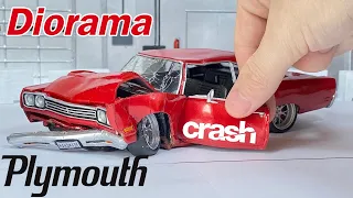 DIORAMA OF BROKEN CAR, crash test ground, made of plasticine in 1/24 scale