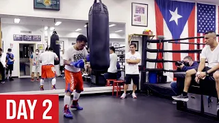 Manny Pacquiao throwing bombs at the heavy bag on Day 2 of training camp at the Wild Card Gym