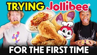 Americans Try Jollibee For The First Time! (Chickenjoy, Yum Burger, Burger Steak, Jolly Spaghetti)