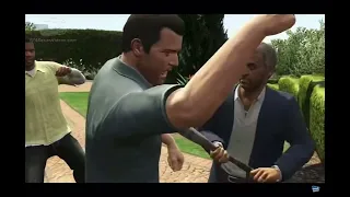 GTA V Martin hits Michael with a baseball bat after pulling down the stilt house