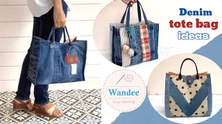 3 ideas denim easy patchwork open wide tote bag out of old jeans , tote bag tutorial