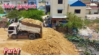 Awesome teamwork! Dump Truck delivery rocky & land filling the pond using Mitsubishi bulldozer 'Ep1