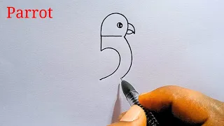 Parrot Drawing With Number 5 Step By Step Easy Drawing | Simple Parrot Drawing Video