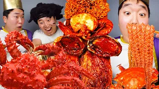 ASMR MUKBANG| Spicy FLEX Seafood Boil Octopus, Squid, king Crab, Enoki Mushroom Funny Eating!