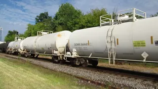 CN 8807, 8862 pulling Westbound freight train. CN flat cars with panel track