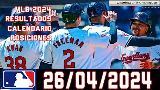 MLB ⚾ Resultados Posiciones Calendario 26 Abril 2024 Resumen última jornada de Las Grandes Ligas