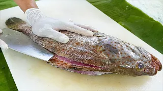 Thai Food - COOKING GROUPER FISH Aoywaan Bangkok Seafood Thailand