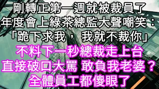 剛轉正第一週就被裁員了年度會上綠茶總監大聲嘲笑：「跪下求我， 我就不裁你」！不料下一秒總裁走上台直接破口大罵 敢負我老婆？員工都傻眼了#心書時光 #為人處事 #生活經驗 #情感故事 #唯美频道 #爽文