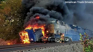 Semi stuck on tracks gets hit by train